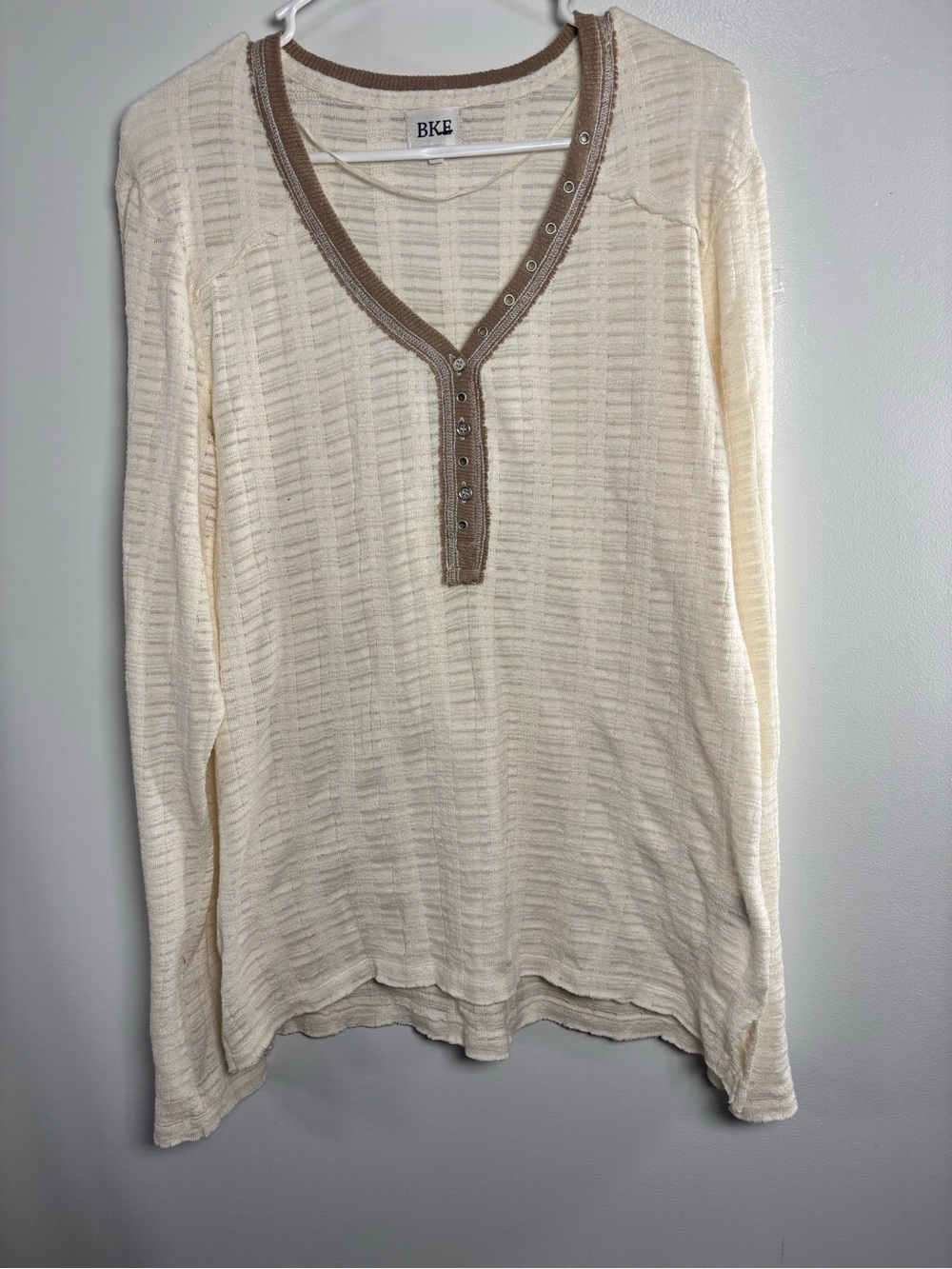 BKE Cream Long Sleeve Henley Top with Brown Trim